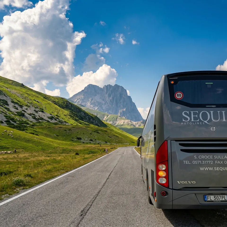 An Autolinee Sequi coach on the road — Among the mountains