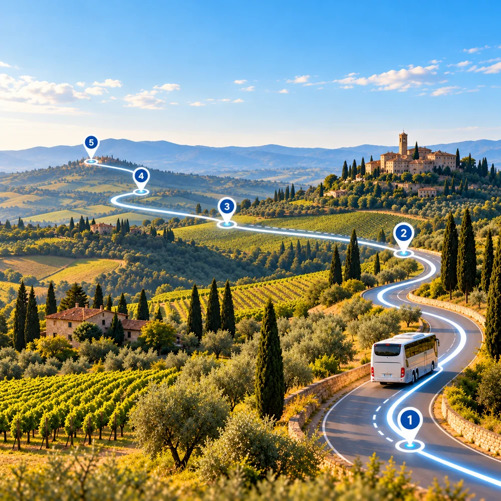 Un autobus lungo un itinerario tra le colline toscane